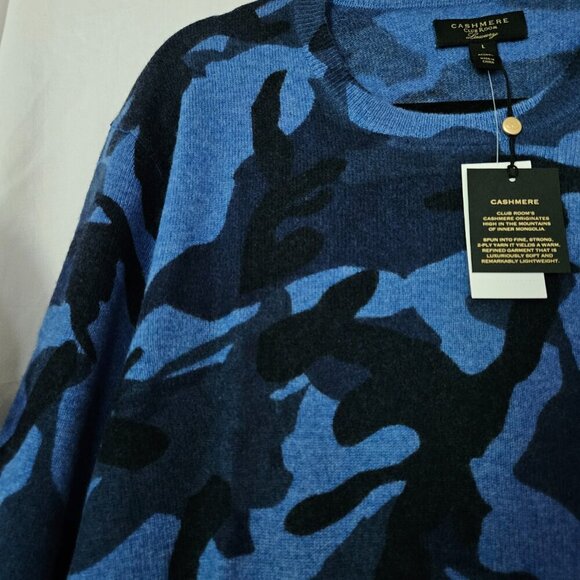 Men's Club Room 100% Cashmere Blue Camouflage Camouflage Crew Neck Sweater Nwt L - Picture 3 of 6
